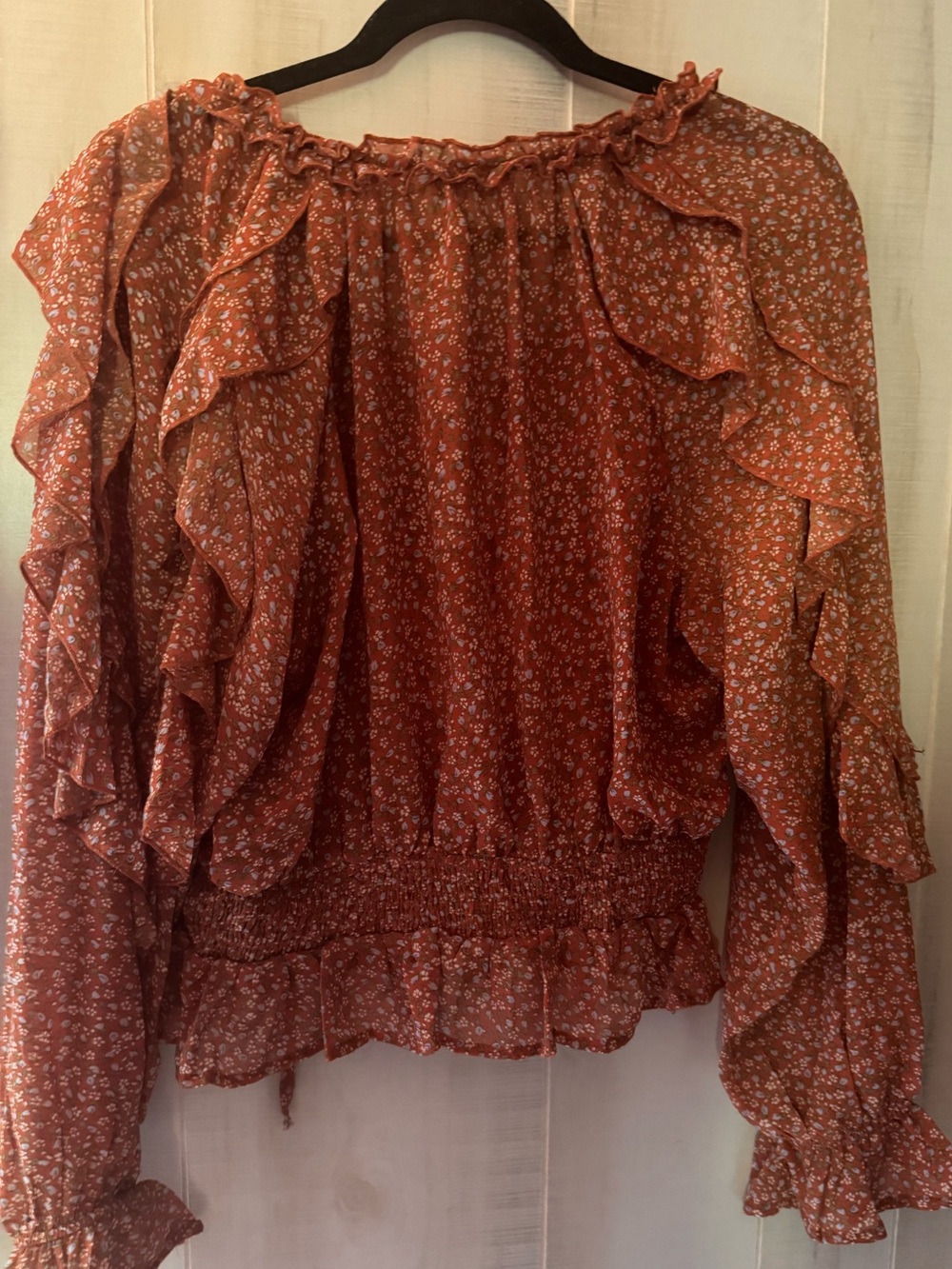 Easel Rust Sheer Ruffle Peplum Blouse - Picture 5 of 5